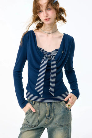 Layered-Look Striped Tie Knit Top