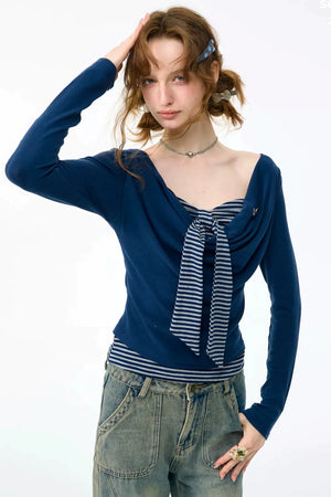 Layered-Look Striped Tie Knit Top