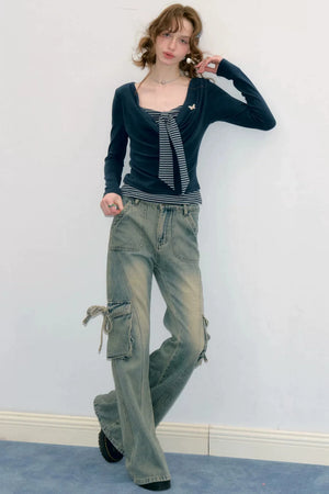 Layered-Look Striped Tie Knit Top