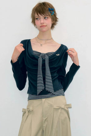 Layered-Look Striped Tie Knit Top