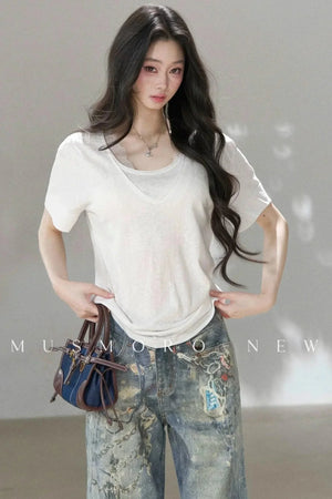 Layered-Look V-Neck Oversized Blouse
