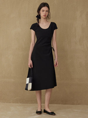 Lazy UV Neck Drawstring Drape Dress
