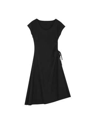 Lazy UV Neck Drawstring Drape Dress