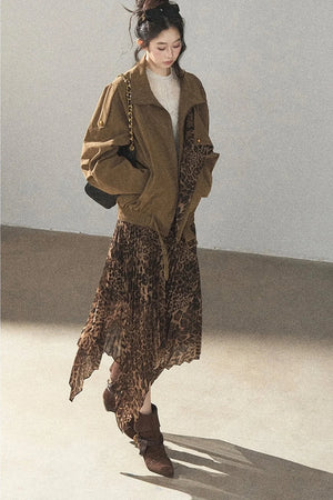 Leopard Lined Faux Suede Trench Coat