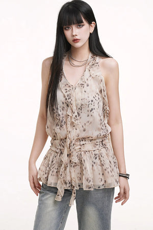 Leopard Print Chiffon Halter Neck Off-Shoulder Top