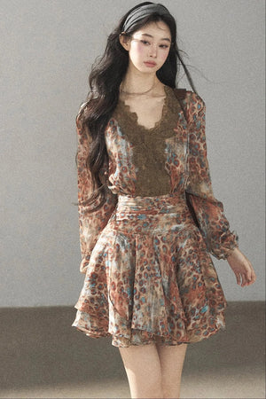 Leopard Print Chiffon Puffy Dress and Pants Set