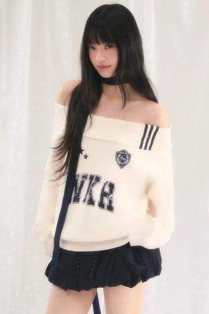 Letter Knit One-Shoulder Sweater