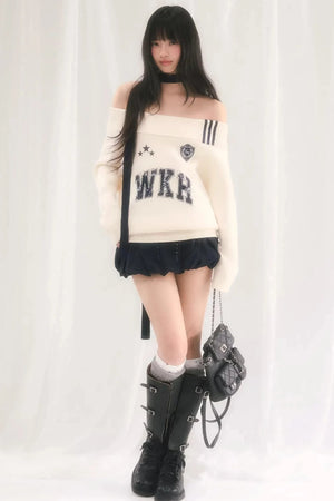 Letter Knit One-Shoulder Sweater