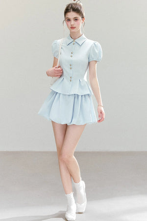 Light Blue Puff Sleeve Shirt And Skirt Set