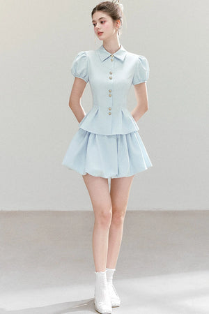 Light Blue Puff Sleeve Shirt And Skirt Set