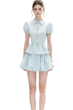 Light Blue Puff Sleeve Shirt And Skirt Set