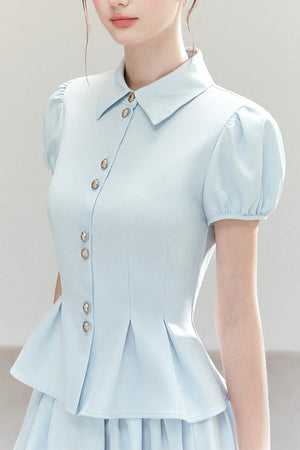 Light Blue Puff Sleeve Shirt And Skirt Set