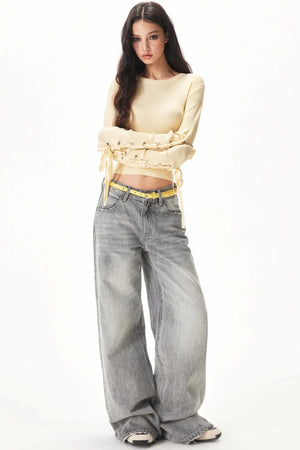 Light Gray Rhinestone Wide-Leg Pants