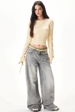 Light Gray Rhinestone Wide-Leg Pants