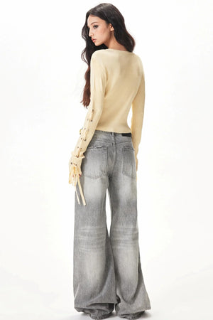 Light Gray Rhinestone Wide-Leg Pants