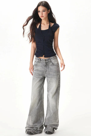 Light Gray Rhinestone Wide-Leg Pants