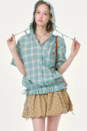 Light Green Plaid Hooded Ruffled Shirt