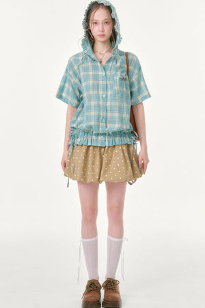 Light Green Plaid Hooded Ruffled Shirt