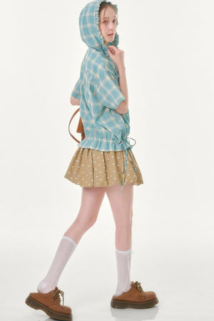 Light Green Plaid Hooded Ruffled Shirt