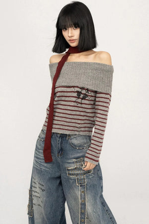 Light Sweet Asian One-Shoulder Knitted Sweater