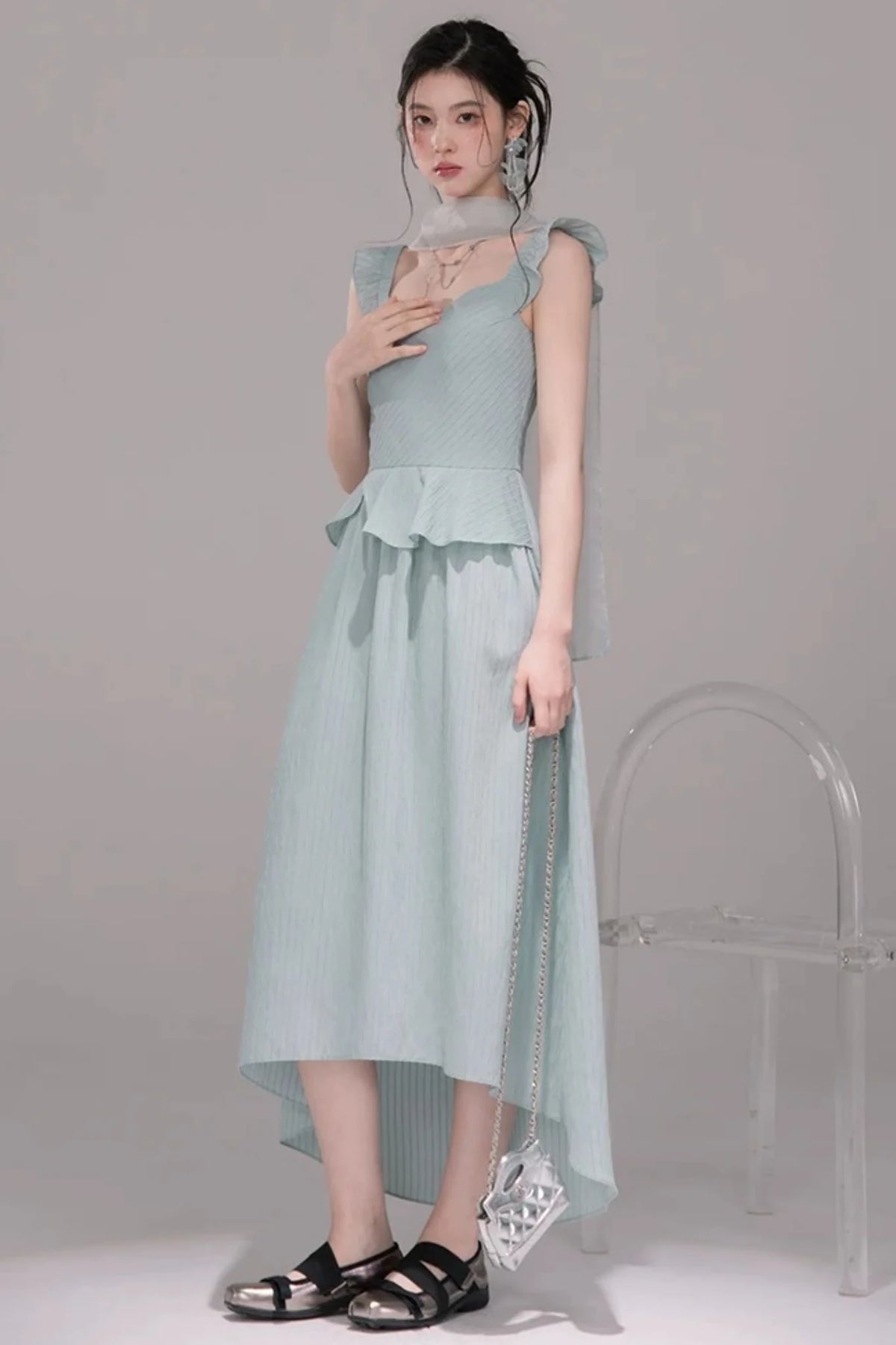 Light Teal Sheer Ribbon Dress Set