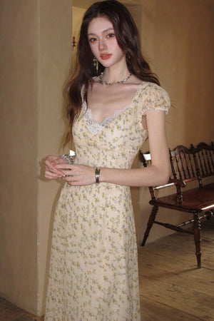 Light Yellow Floral Lace V-Neck Long Dress
