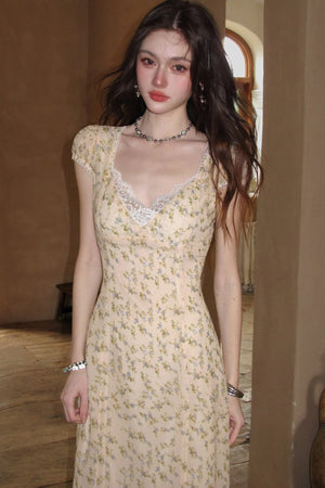 Light Yellow Floral Lace V-Neck Long Dress