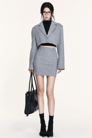 Linen Houndstooth Wool Coat Skirt Set-Up