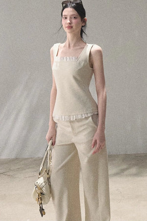 Linen Lace Patchwork Vest and Pants Set-Up