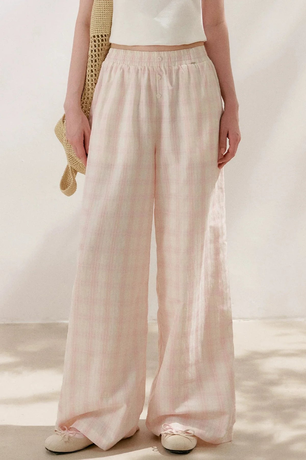 Linen Plaid Wide-Leg Pants