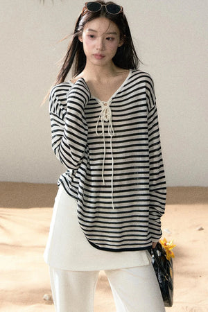 Linen Striped Tie-Up Top