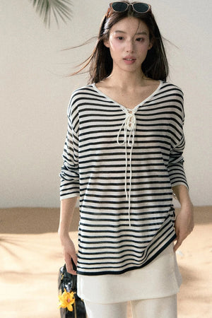 Linen Striped Tie-Up Top
