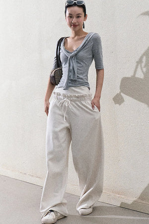 Liquid Cotton Ruffle Wide-Leg Pants