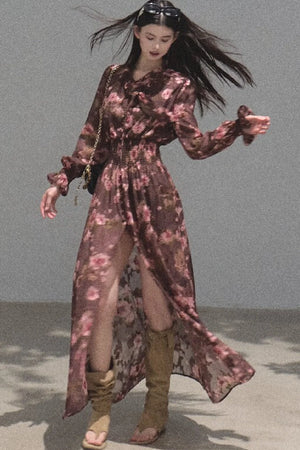 Long Sleeve Chiffon Floral Tie Waist Dress
