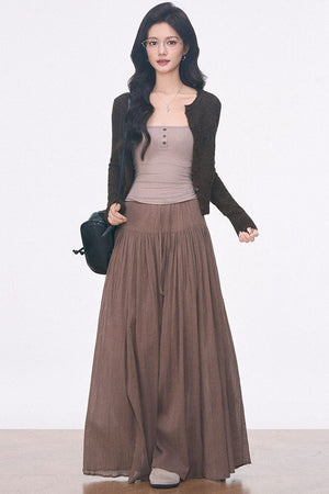 Long-Sleeve Hollow-Out Knit Cardigan and Camisole Set with Skirt Pants Set-Up