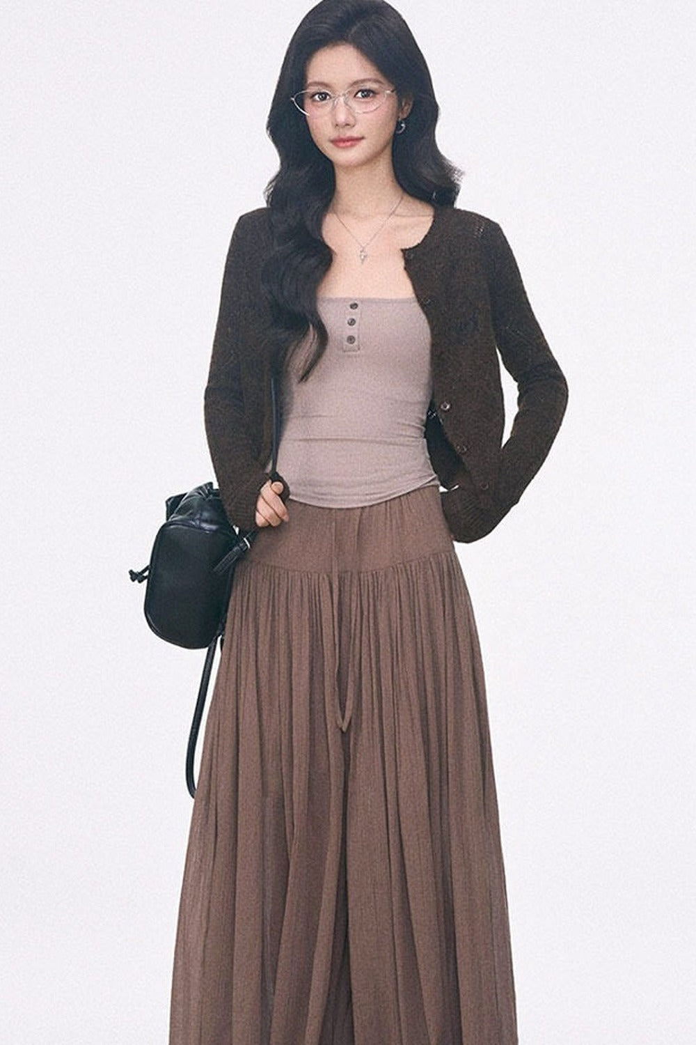 Long-Sleeve Hollow-Out Knit Cardigan and Camisole Set with Skirt Pants Set-Up