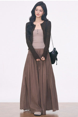 Long-Sleeve Hollow-Out Knit Cardigan and Camisole Set with Skirt Pants Set-Up
