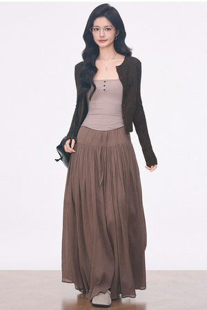 Long-Sleeve Hollow-Out Knit Cardigan and Camisole Set with Skirt Pants Set-Up