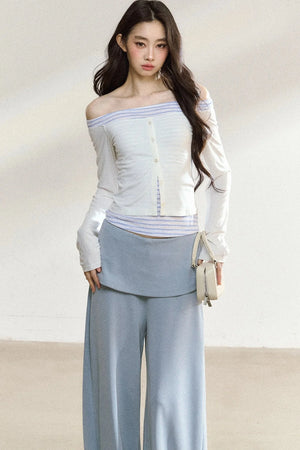 Long Sleeve Off Shoulder Top and Wide Pants Set-Up
