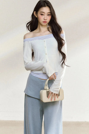 Long Sleeve Off Shoulder Top and Wide Pants Set-Up