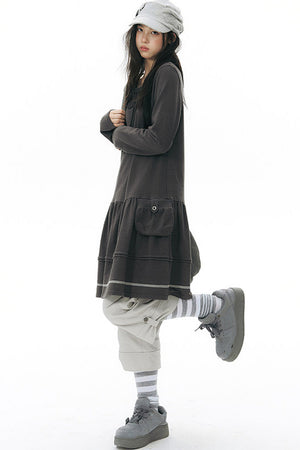 Long-Sleeved Knit Round Neck Tie Dress