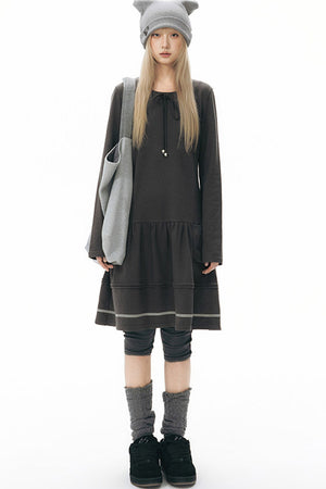 Long-Sleeved Knit Round Neck Tie Dress