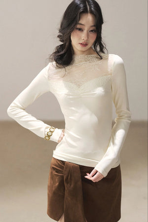 Long-Sleeved Lace Yoke Top