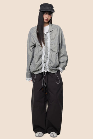 Loose Fit Pleated Lace Zip Jacket
