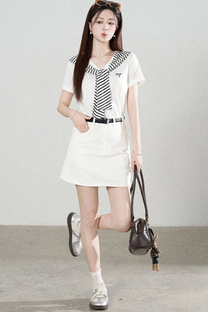 Loose Short-Sleeved Striped Shawl T-Shirt and Denim Skirt Set-Up