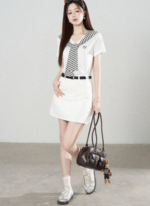 Loose Short-Sleeved Striped Shawl T-Shirt and Denim Skirt Set-Up