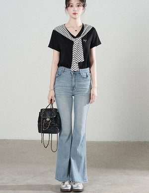 Loose Short-Sleeved Striped Shawl T-Shirt and Denim Skirt Set-Up