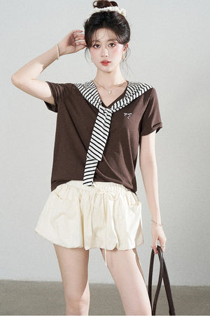 Loose Short-Sleeved Striped Shawl T-Shirt and Denim Skirt Set-Up