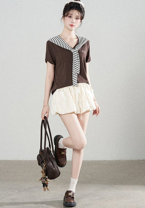 Loose Short-Sleeved Striped Shawl T-Shirt and Denim Skirt Set-Up