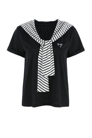 Loose Short-Sleeved Striped Shawl T-Shirt and Denim Skirt Set-Up